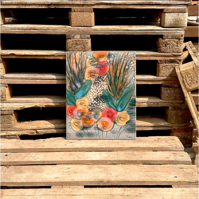 Hand-Painted Ceramic Art Wall Panel or Tile with Flower & Plant Motifs by Traute Lossau for Kupfermühle KMK Keramik, West Germany, 1960s For Sale - Image 14 of 18