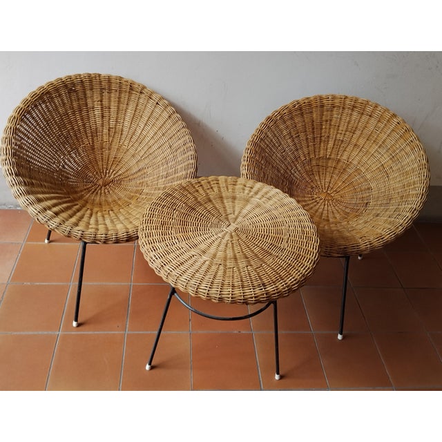 Wood Rattan Armchairs and Coffee Table, Italy, 1950s, Set of 3 For Sale - Image 7 of 8