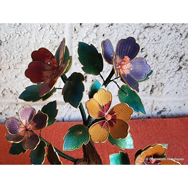 Vintage Chinese Cloisonné Guilloche Enamel Bonsai Tree in Decorative Brass Pot For Sale - Image 4 of 9