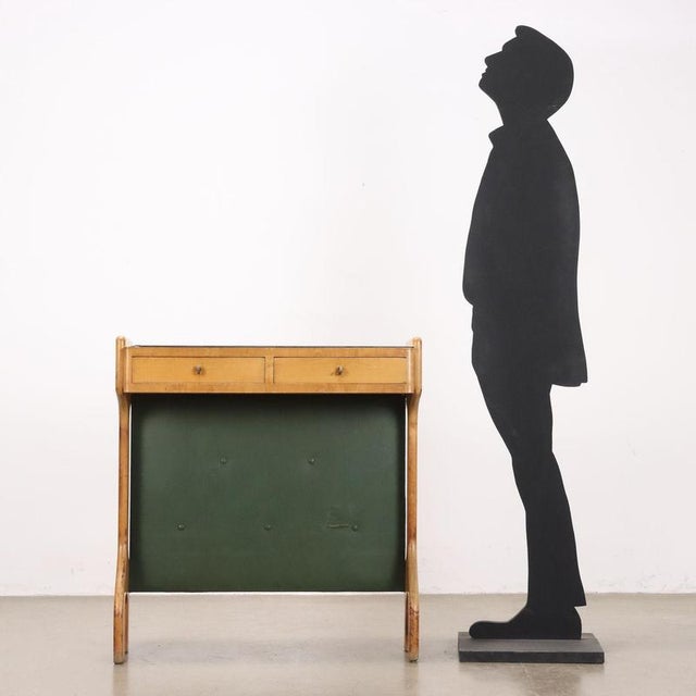 Console with drawers under the top in beech wood, skai covering and back-treated glass top (with breakage). To be...