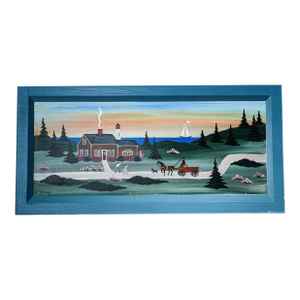 Vintage Folk Art Oil Painting Wood Board New England Coast Scene Country Home Decor