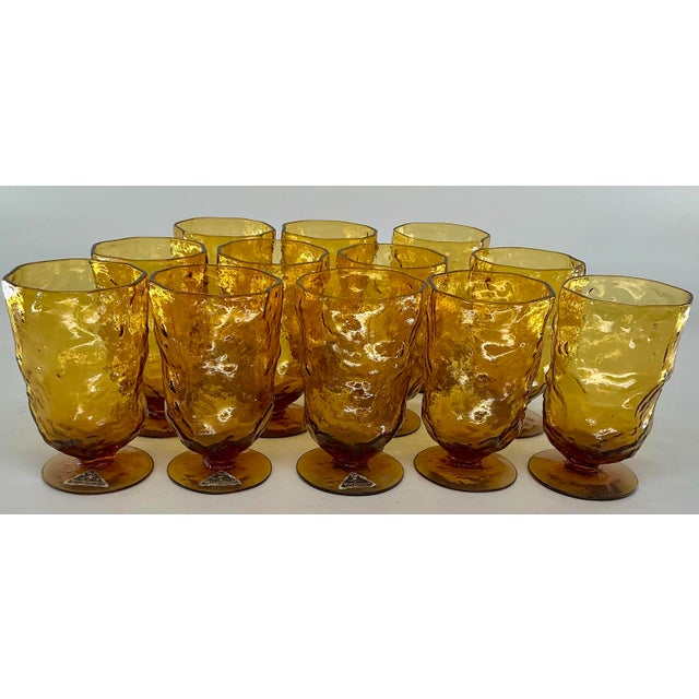 Mid-Century Modern Set of 12 Vintage Mid Century Morgantown Amber Crinkled Glasses For Sale - Image 3 of 9