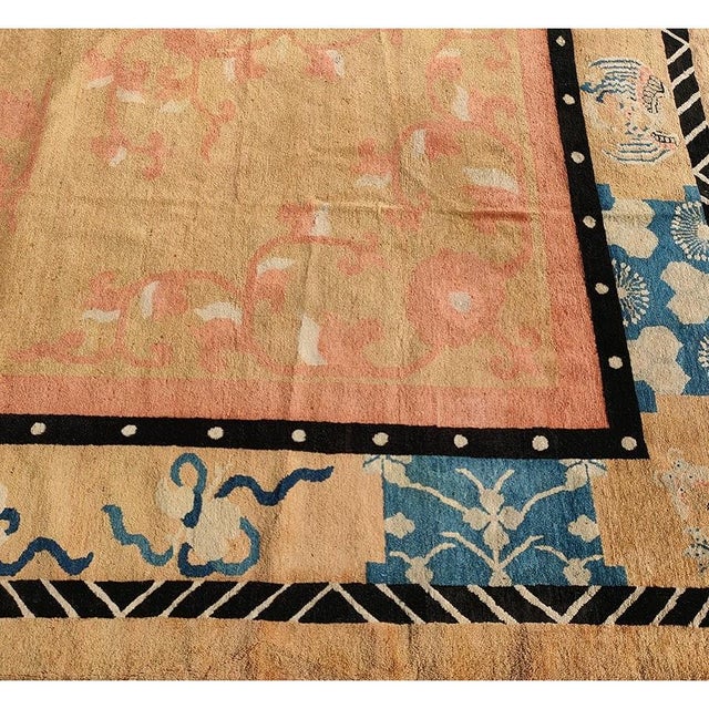 Apricot 1890s Antique Warm Solid Open Field Bird Chinese Peking Knotted Room Size Rug For Sale - Image 8 of 9