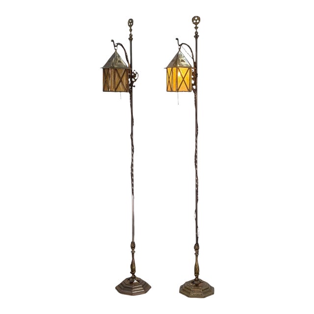 1910s Solid Brass Hanging Lantern Floor Lamps #2610 - a Pair For Sale