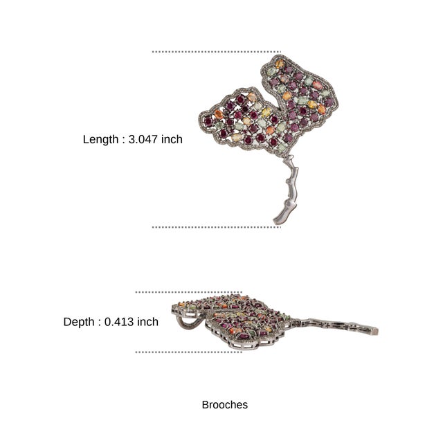Tutti Frutti 8Ct Multi Gem & Diamond Ginkgo Leaf Brooch Pendant in Oxidized Sterling Silver For Sale - Image 11 of 14