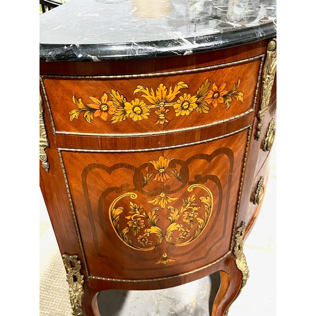 Wood Early 20th Century Louis XV Style Demi Lune Marquetry Commode With Marble Top For Sale - Image 7 of 12