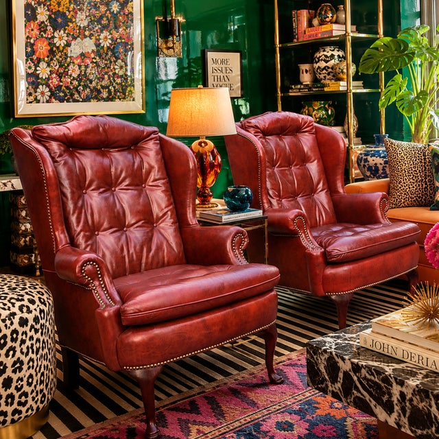 Late 20th Century Pair of Classic Leather Furniture Tufted Oxblood Leather Wingback Library Lounge Chairs With Brass Nailhead Trim, Circa 1980s For Sale - Image 5 of 14