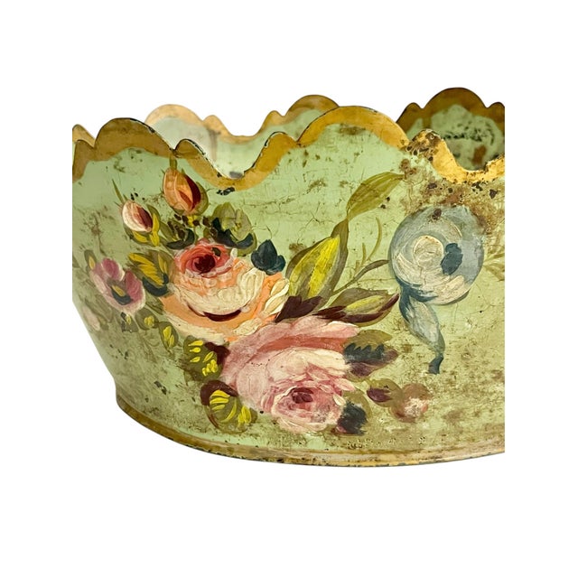 Vintage French Tole Cachepot With Hand-Painted Roses and Scalloped Rim For Sale - Image 6 of 15
