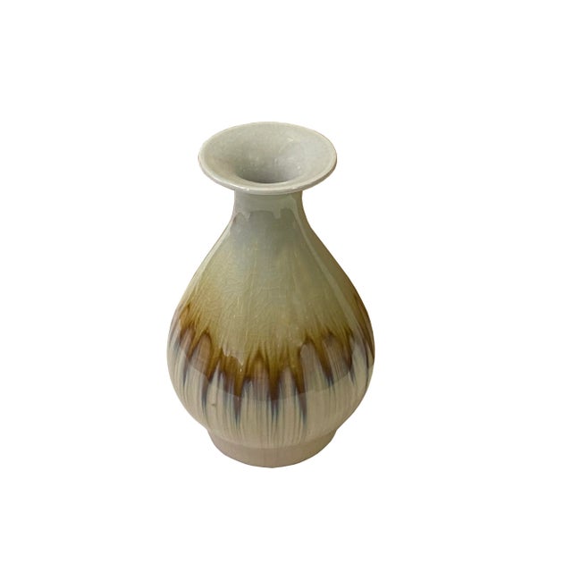 Asian Light Brown Tan White Strips Ceramic Round Small Vase Jar For Sale - Image 3 of 5