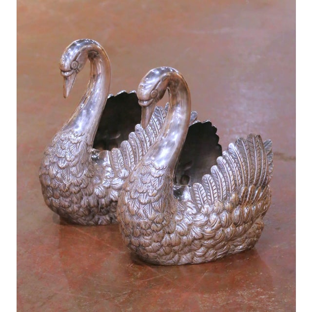 Mid 20th Century Pair of Mid-Century French Silvered Copper Swan Planters For Sale - Image 5 of 7