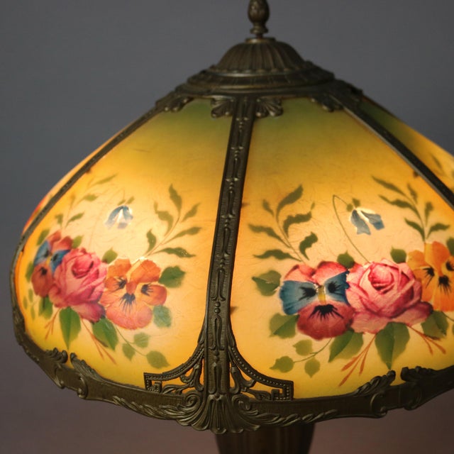 Antique Bradley & Hubbard Arts and Crafts Reverse Painted Floral Lamp Signed For Sale - Image 9 of 12