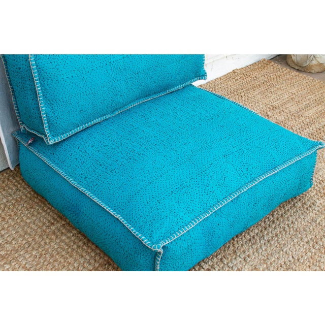 1960s Vintage Hand-Stitched Vibrant Turquoise Floor Seating Set For Sale - Image 5 of 9