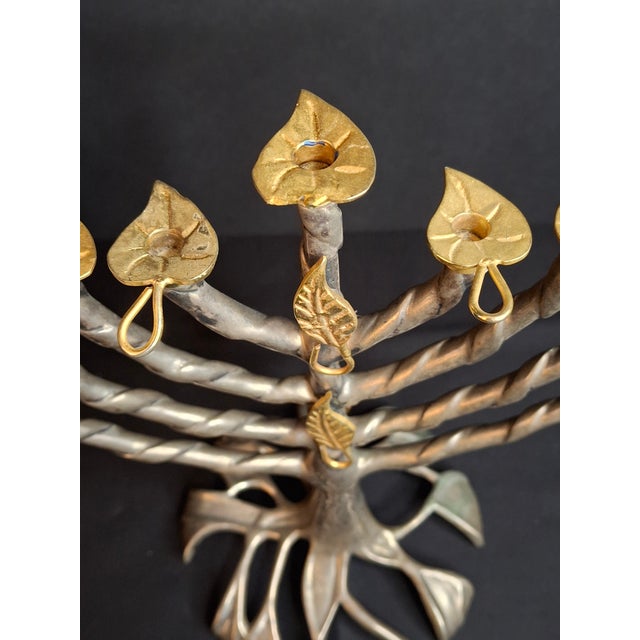 Gray VTG Fred Spinowitz Tree of Life Menorah Signed Judaica Silver Tone Brass Leaves For Sale - Image 8 of 18