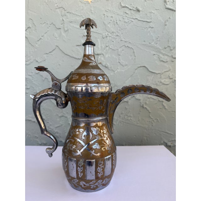 African Vintage Middle Eastern Brass & Silver Overlay Dallah Coffee Pot With Engraved Arabic Script – 10.5” For Sale - Image 3 of 12