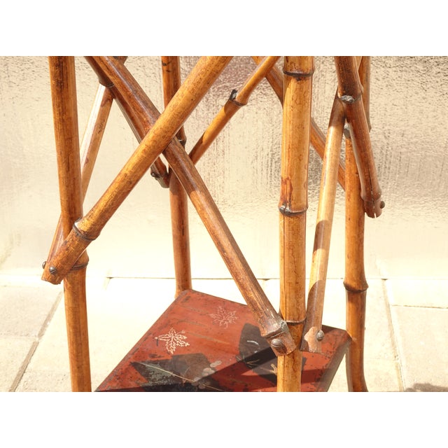 Vintage Chinese Asian Bamboo Side Table Plant Stand Red Chinoiserie Top For Sale - Image 11 of 15