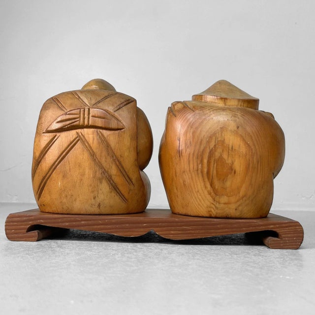 Wooden Ebisu and Daikoku Deity Statues on Base, Japan, 1950 For Sale - Image 11 of 12