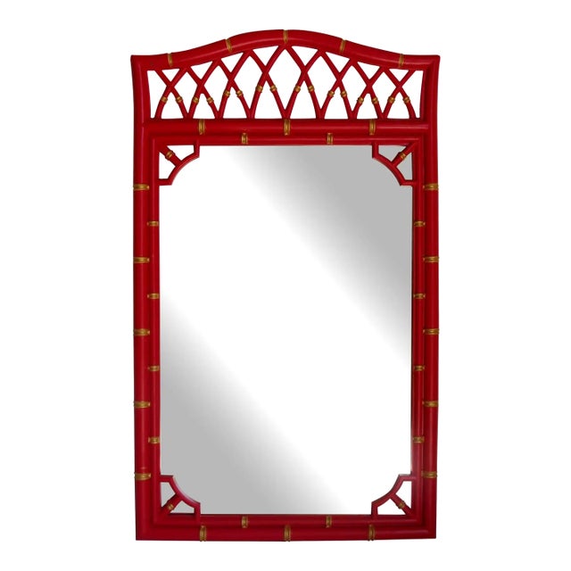 Late 20th Century Coral Red Bamboo Style Wall Mirror For Sale