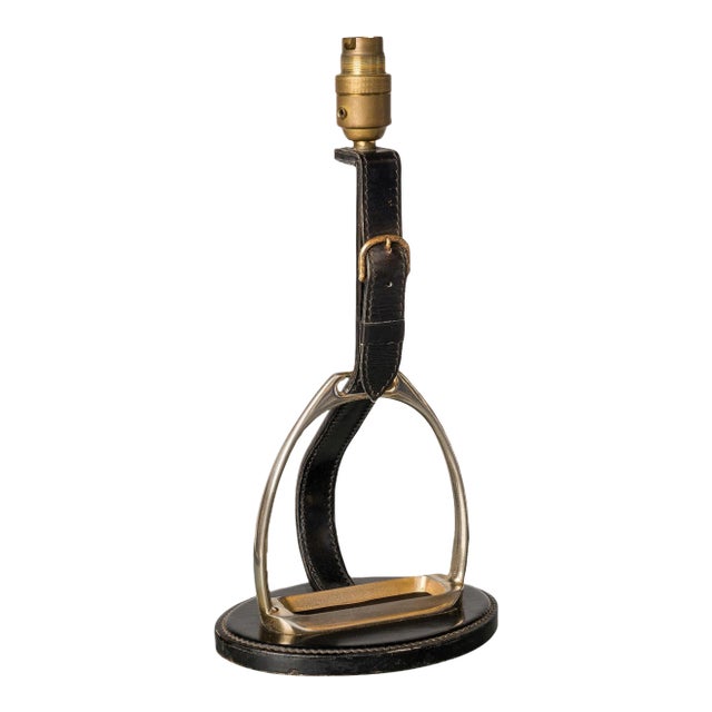 1960s Adnet Style Brass Horse Shoe & Black Stitched Leather Desk Lamp, France For Sale