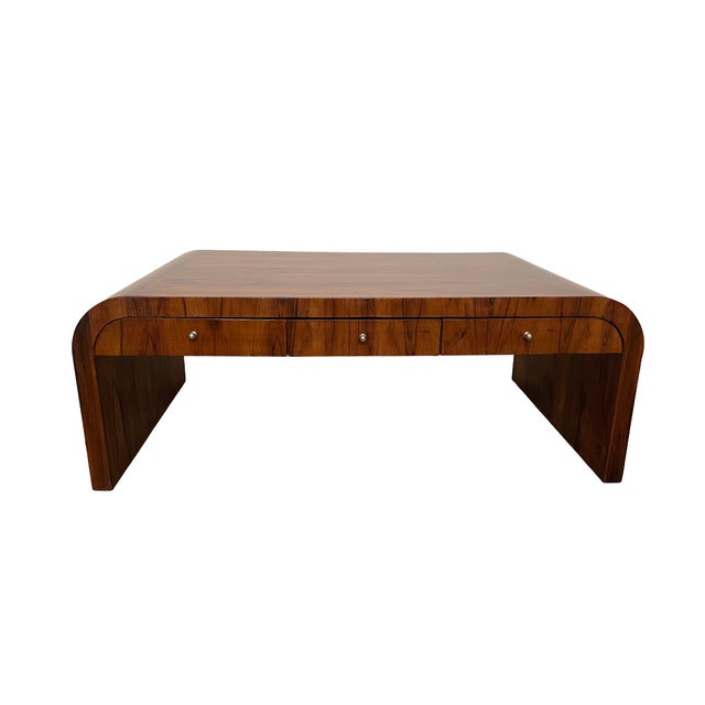 Chestnut Early 20th Century Art Deco Brazilian Rosewood Veneer Waterfall Six-Drawer Coffee Table For Sale - Image 8 of 14