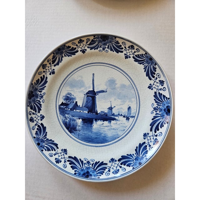 Delft Two Classic Delft Plates of Windmills and Sailing Ships Circa 1905 and 1906 For Sale - Image 4 of 9