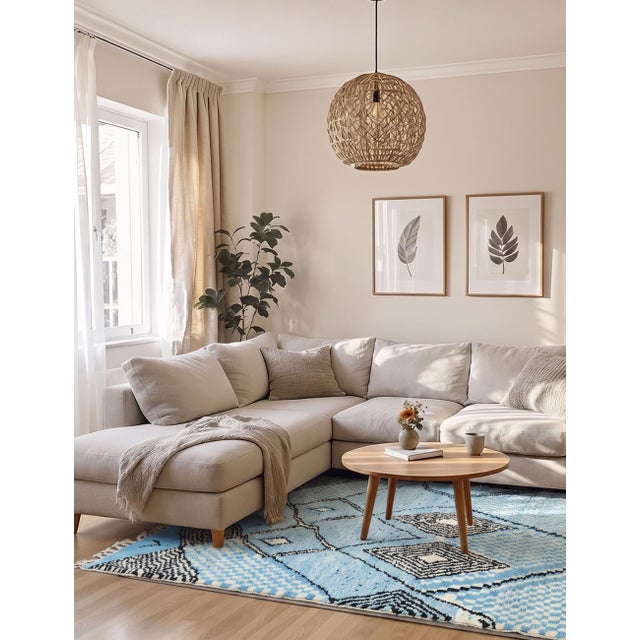 Contemporary Moroccan Rug | Handwoven Berber Wool Rug with Sky Blue Field and Graphic Diamond Lattice This dynamic...