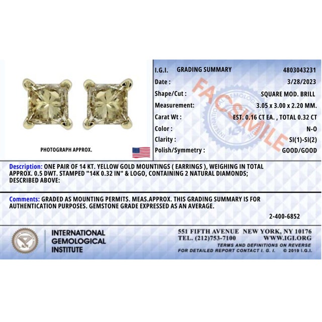 IGI Certified 14k Yellow Gold 1/3 cttw 4-Prong Set Princess-Cut Solitaire Diamond Push Back Stud Earrings, A Pair (N-O Color, SI1-SI2 Clarity) For Sale In New York - Image 6 of 7