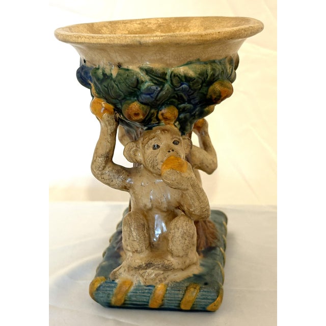 Vintage Majolica Monkeys Under a Fruit Tree Ceramic Cachepot/ Planter For Sale - Image 4 of 12