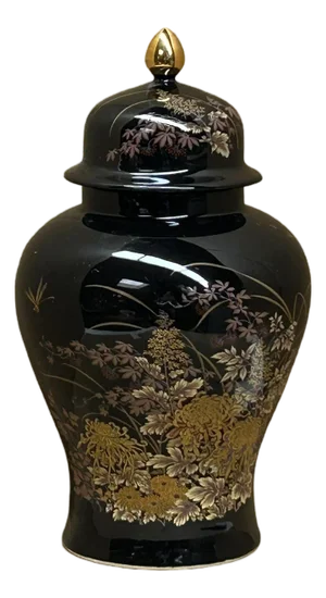 Oriental Black Glaze Porcelain Temple Jar Golden Flower Graphic