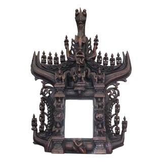 Antique 19th Century Tibetan Hand-Carved Wooden Shrine Mirror, 1880 For Sale
