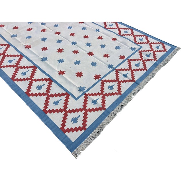Casa Cosima Handwoven Cotton Area Rug Vegetable Dyed Sky Blue, Cream and Terracotta Star Patterned Dhurrie - 6'x9' For Sale - Image 4 of 13