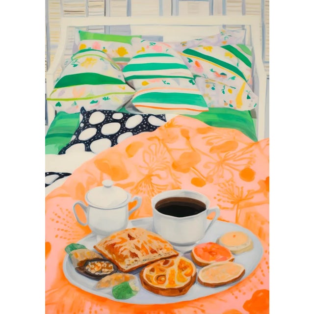 Immerse yourself in the vivacious energy of "Vibrant Breakfast in Bed," a stunning giclee art print that captures a lively...