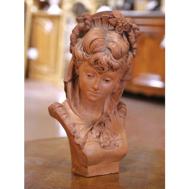 19th Century French Terracotta Bust of a Young Woman Signed Adolphe Lavergne For Sale In Dallas - Image 6 of 9