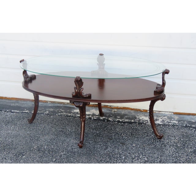 1940s Mahogany Hand Carved Glass Top Oval Coffee Table Chairish