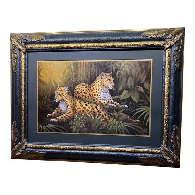 Vintage Home Interiors Leopards Gold Leaf Framed Print 37x28" For Sale