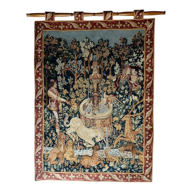 Medieval Style Unicorn at the Fountain Wall Tapestry, 1990s For Sale