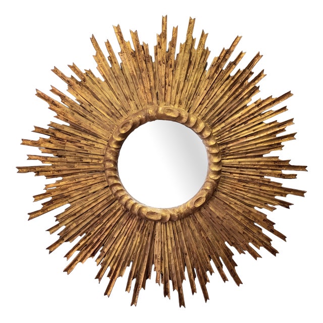 Large Sun Mirror in Carved and Gilded Wood, 1950s For Sale