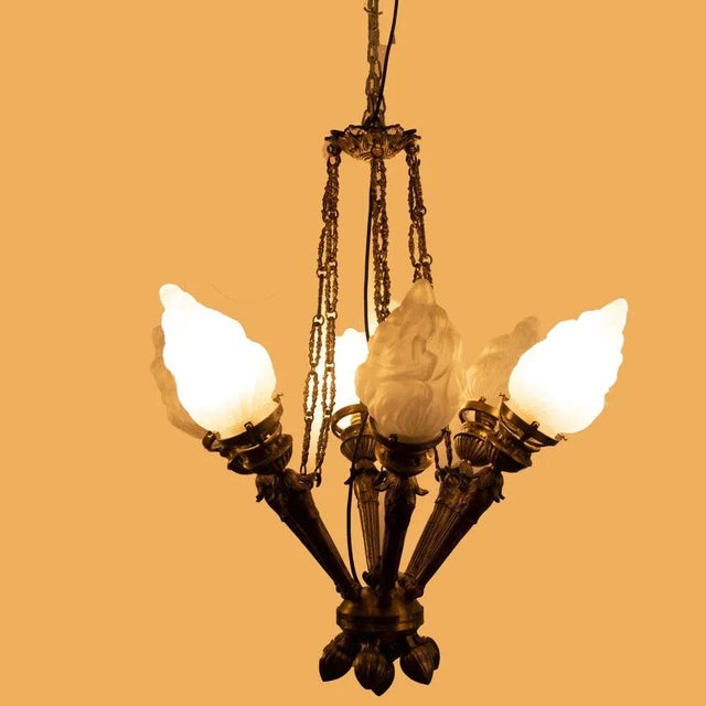 1940s Vintage Art Deco Nouveau Mashaal 6 Light Chandelier in Brass & Frosted Glass Lamp For Sale - Image 5 of 6