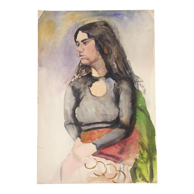 Original Vintage Female Portrait Watercolor Painting For Sale