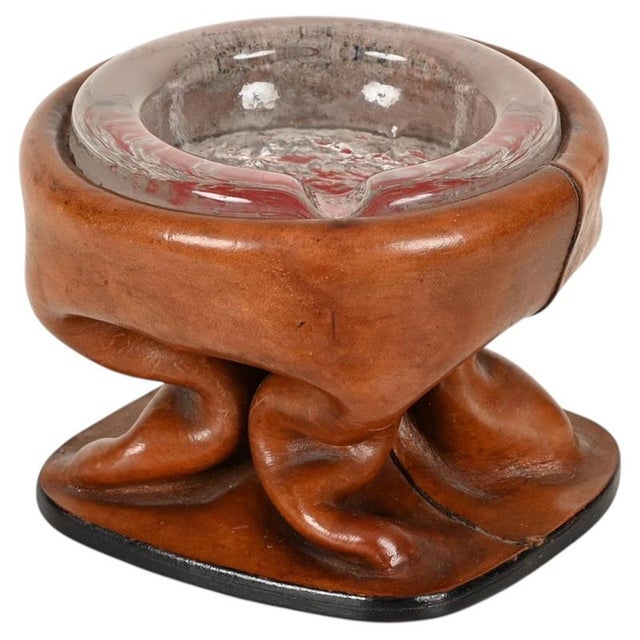 Sculptural Curved Leather and Crystal Ashtray by Jacques Adnet, Italy, 1950s For Sale - Image 13 of 13