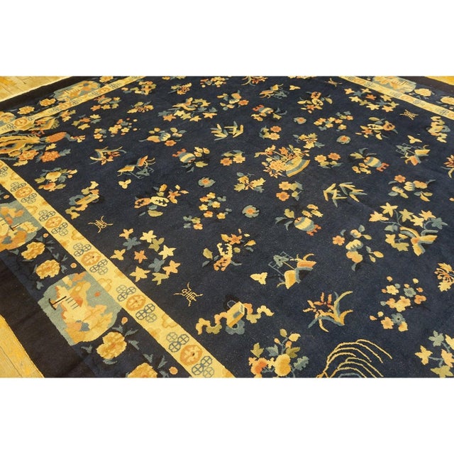 1920s Navy Blue Floral Shou Deco Antique Chinese Peking Knotted Rug 8'2" X 9'10" For Sale In New York - Image 6 of 9