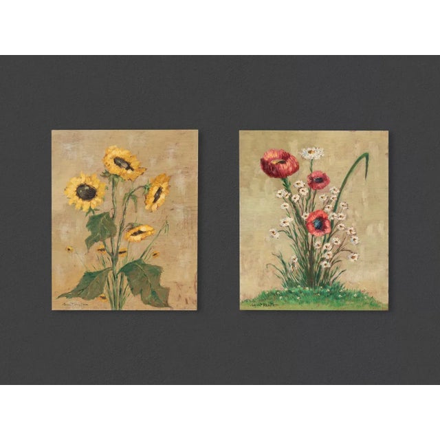 Poppy and Sunflowers, 1960s, Oil Paintings on Plate, Framed, Set of 2 For Sale - Image 11 of 11