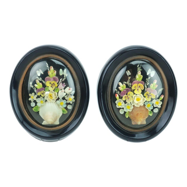 Vintage Shell Art Floral Bouquet in Victorian Style Oval Frames, a Pair For Sale