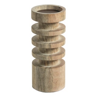 Larache Carved Mango Wood Pillar Candle Holder, Small For Sale