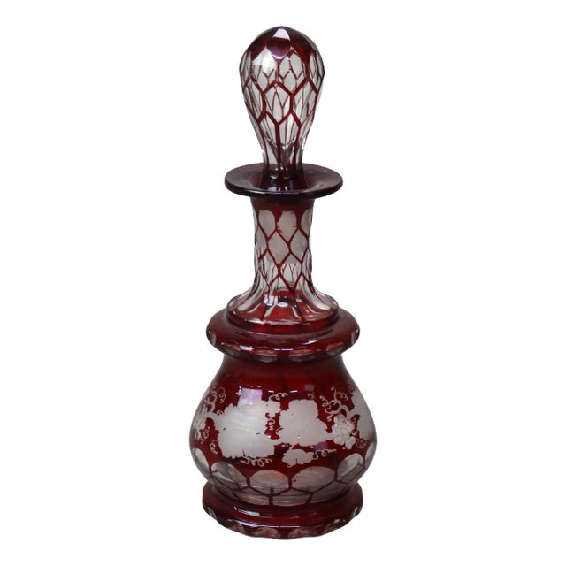Antique Bohemian Cranberry Cut to Clear Grape & Leaf Perfume Bottle Circa 1890 For Sale