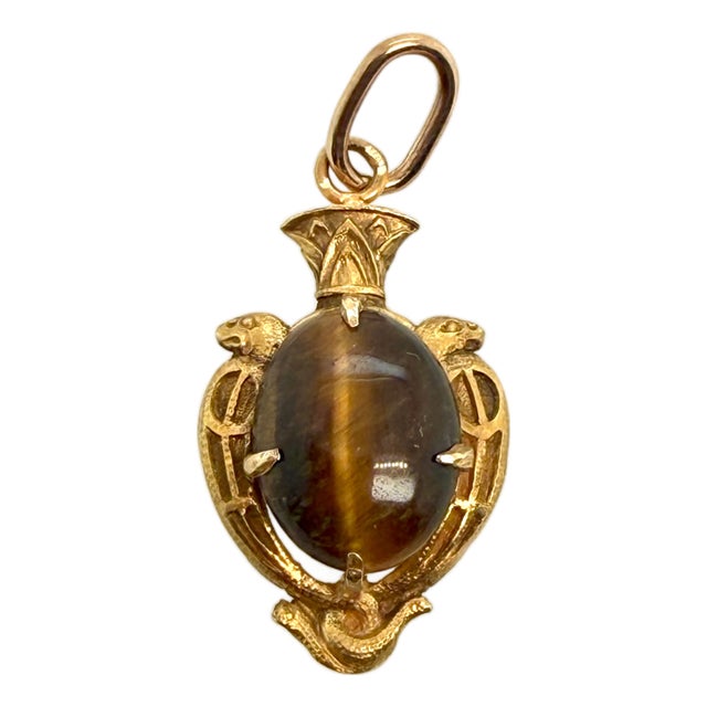 Late 19th Century Victorian 14k Gold Tiger’s Eye Pendant With Snake Motif For Sale