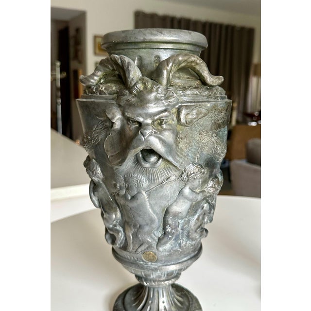 Metal Pair French Metal Urns With Satyr and Putti For Sale - Image 7 of 18