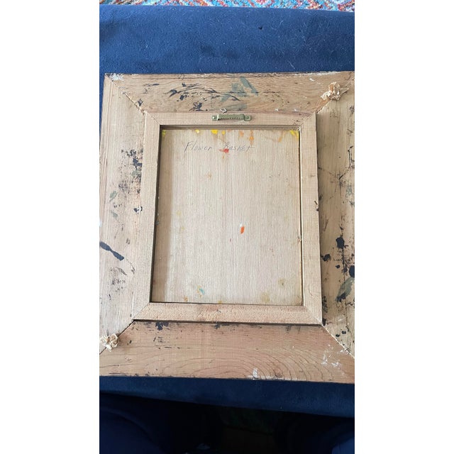This is a lovely mid-century original oil painting rendered in a rich, textured impasto style — a basket of white, blue,...