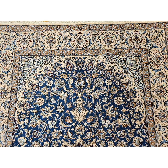 Vintage Persian Nain Area Rug, Hand-Knotted Wool & Silk, Floral Pattern, 6x9, Royal Blue & Ivory For Sale - Image 9 of 16