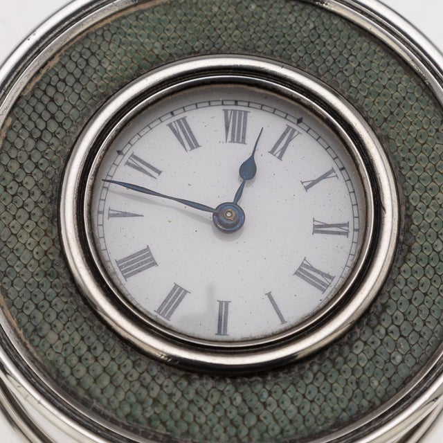 Green Antique 20th Century Edwardian Silver & Shagreen Desk Clock, London, 1910 For Sale - Image 8 of 10