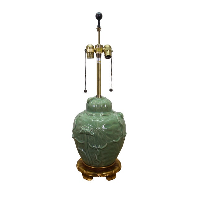 Mid Century Marbro Lotus ginger jar two light lamp produced by Marbro Lamp Company based in Los Angeles, it features a...